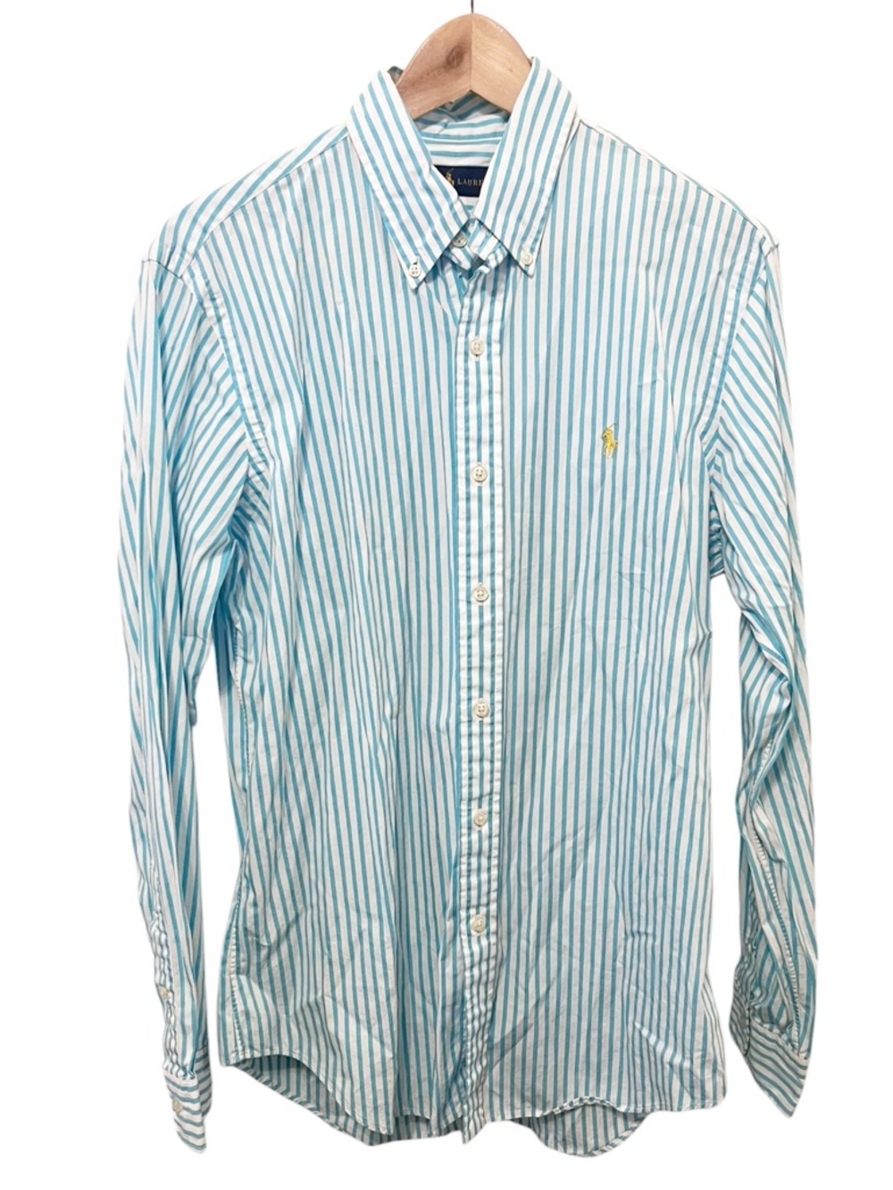 Ralph Lauren Men’s Teal Blue and White Striped Button-Down Shirt Medium